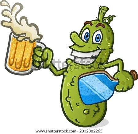 Cool pickle cartoon character with attitude holding a big cold frothy mug of light lager beer with splashing foam spilling over the rim ready for a good pickleball victory drink vector clip art