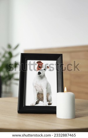 Frame with picture of dog and burning candle on wooden table indoors. Pet funeral