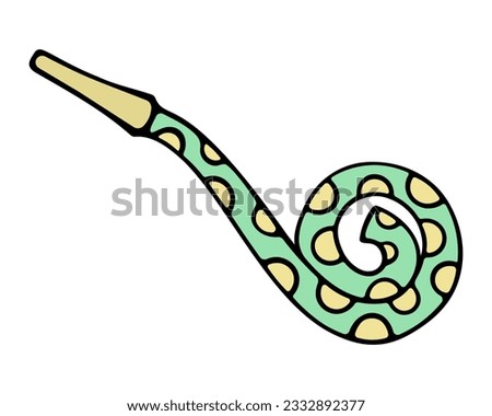 Carnival tongue for a party. Green plastic pipe with a long paper tongue. With a pattern of yellow circles. Color vector illustration. Tongue tongue. Cartoon style. Isolated background.  Royalty-Free Stock Photo #2332892377