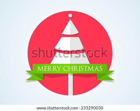 Sticker, tag or label for Merry Christmas celebration with beautiful X-mas tree and ribbon.