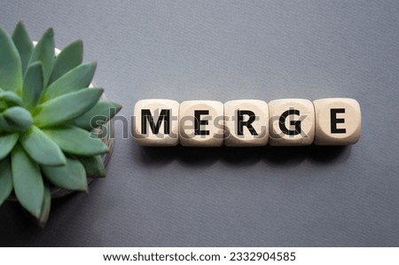 Merge symbol. Wooden cubes with word Merge. Beautiful grey background with succulent plant. Business and Merge concept. Copy space.