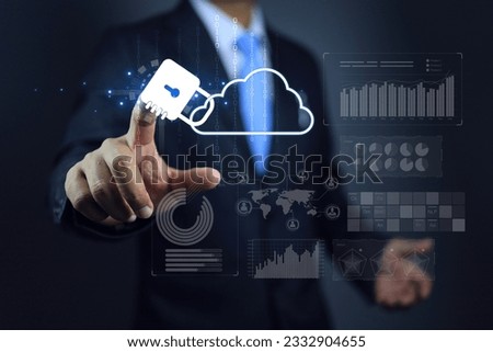 Businessman reach out the hand to touch lock on the cloud computing system to protect online data business  information system. Cyber security concept.