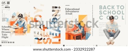 Back to School. First day of school. Set of vector illustrations. People are reading a book. Typography poster design and vectorized watercolor illustrations on a background.  Royalty-Free Stock Photo #2332922287