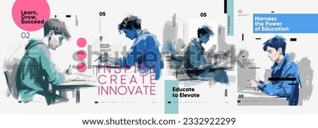 Back to School. First day of school. Set of vector illustrations. People are reading a book. Typography poster design and vectorized watercolor illustrations on a background.  Royalty-Free Stock Photo #2332922299