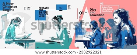 Back to School. First day of school. Set of vector illustrations. People are reading a book. Typography poster design and vectorized watercolor illustrations on a background.  Royalty-Free Stock Photo #2332922321