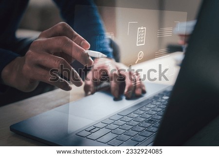 Document Management System (DMS), online documentation database and process automation to efficiently manage files, knowledge and documentation in enterprise with ERP. Corporate business technology. Royalty-Free Stock Photo #2332924085