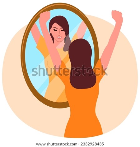 Clip art of a happy young woman looking in the mirror, self love, manifestation, confident concept, vector illustration