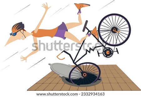Cyclist falling down from the bicycle. 
Cyclist man gets into a sewer manhole and falls down from the bicycle

