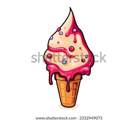 Sweet ice cream melting balls in the waffle cone isolated on background. Vector flat outline icon, label, sticker. Comic character in cartoon style illustration for t shirt design.