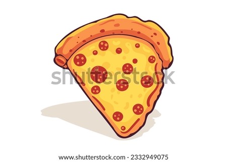 Triangle pizza slice with melted cheese and pepperoni. Cartoon sticker in comic style with contour. Design element food for greeting card, poster, print for clothes, emblem. Vector illustration.