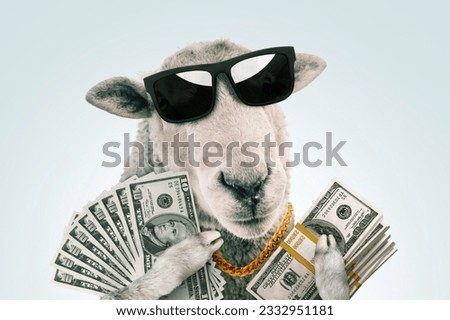 Cool funny hipster rich sheep boss with trendy glasses holds money dollars on a light blue background. Success, business and profit, creative idea. Successful startup leader, concept