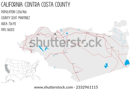 Large and detailed map of Contra Costa County in California, USA. Royalty-Free Stock Photo #2332961115