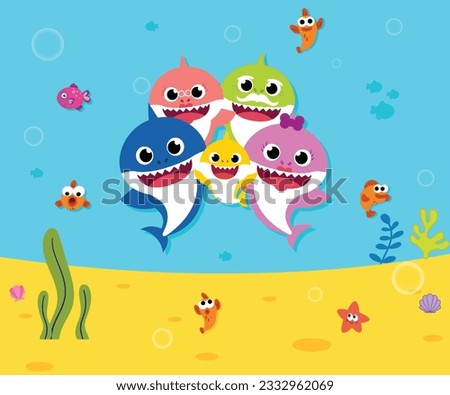 Baby shark birthday greeting card template. Shark cards. Birthday invite, happy child party in ocean style Royalty-Free Stock Photo #2332962069