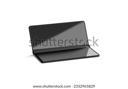 Blank black flexible book phone display half opened mockup, isolated, 3d rendering. Empty fold chamshell smartphone for laptop adaptive mock up. Clear gadget screen innovation. 3D Illustration