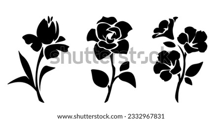 Set of flowers. Black silhouettes of flowers isolated on a white background. Vector illustration