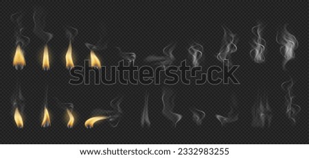 Candlelight glowing and illumination, isolated fire and flames with smoke. Vector candle burning on transparent background. Realistic candle light illuminating sparkle and glow Royalty-Free Stock Photo #2332983255