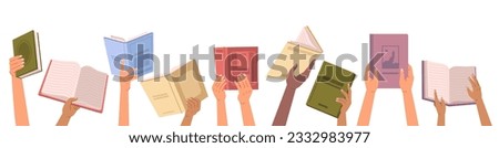 Book in hands, back to school, literature and textbook sharing, bookcrossing, education and knowledge concept, vector illustration. Diverse hands holding books, culture festival, library day