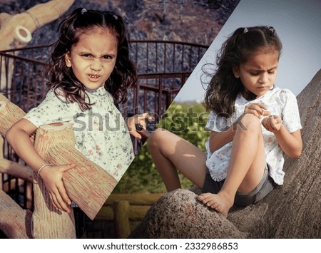 Little girl sitting on hill and walking around it. Cute and multi frame pesent filter effect on portrait camera photo. Clear subject focus behind defocus background. Kid wearing black and white dress.
