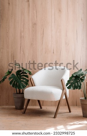 Vertical shot of white comfortable chair in room with wooden planks on wall. Green monstera, houseplants in pots close to soft furniture in lobby. Nordic style interior with hardwood floor. Copy space Royalty-Free Stock Photo #2332998725