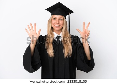 Young university graduate caucasian woman isolated on white background counting eight with fingers
