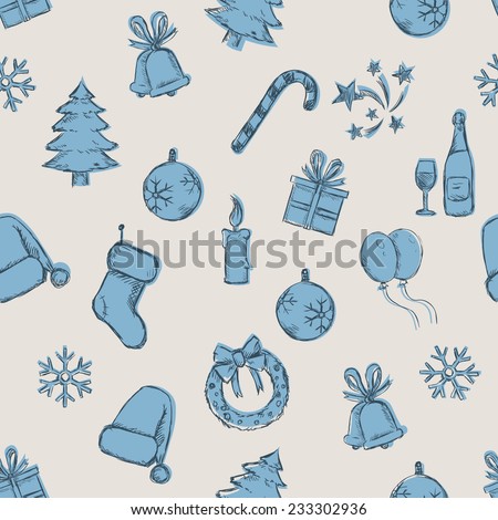 Vector Seamless Sketch New Year and Christmas Pattern on White Background