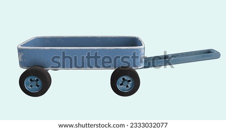 Blue Toy wagon. Rustic cintage trolley. Child's cart isolated on transparent background. 3D illustration.