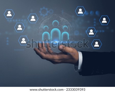 HR, businessman hand showing a team in effective management and recruitment in customer care Employment from around the world to increase business opportunities
