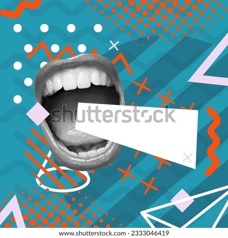 Modern digital collage Screaming mouth collage with a message. Concept of advertising and promotion.
