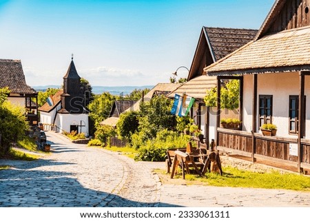 Historical village center of Holloko, region Northern Hungary. unesco. Traditional catholic church of Holloko