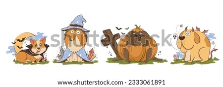 Funny cartoon poro dogs in halloween costumes. Scary funny character for halloween. Vector illustration of pets for the holiday.