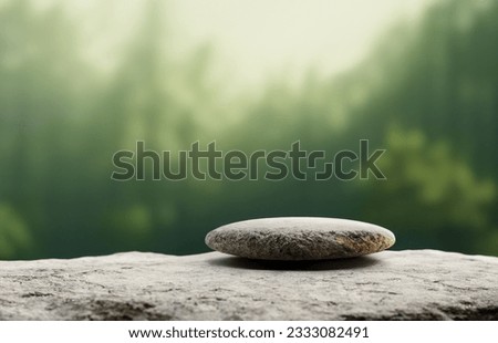 Stone podium on rock platform 3d illustration, grey rock pedestal for a product display stand, green forest and blurred horizon on the background, natural scenery landscape.