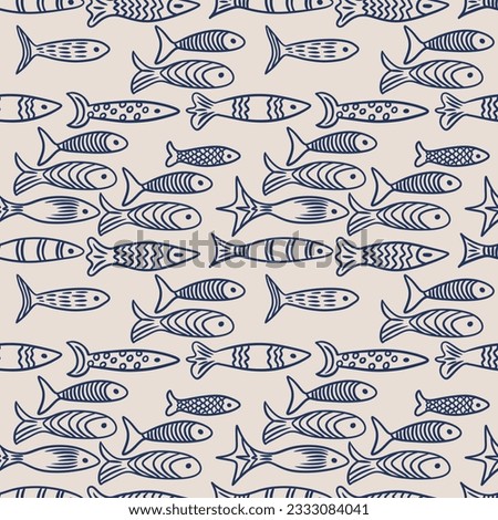 Seamless hand drawn pattern with blue navy turquoise fish on beige background. Simiple minimalist design with sea river ocean underwater nature in cartoon style. Doodle for textile wallpaper packaging