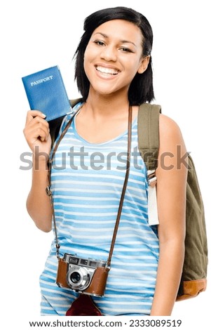 Woman, travel and passport with portrait and photographer on holiday with a smile. Young female, ID document and happy isolated on transparent, png background traveling on vacation with photography