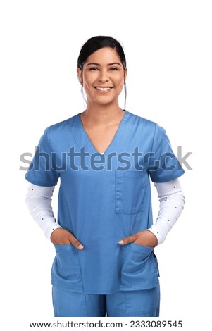 Medical, professional and portrait of a happy female doctor, nurse or surgeon in scrubs. Confidence, smile and face of a young Mexican woman healthcare worker isolated by transparent png background Royalty-Free Stock Photo #2333089545