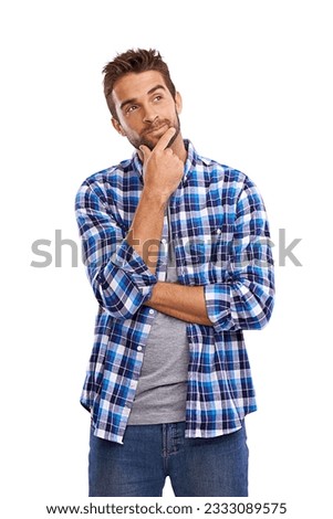 Thinking, memory and a man with a plan and emotion isolated on transparent png background. Serious, confused and a male creative designer with ideas, doubt and problem solving with expression Royalty-Free Stock Photo #2333089575