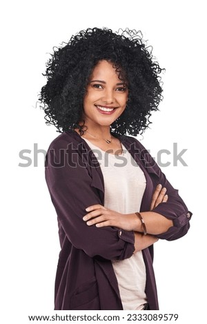 Smile, confidence and portrait of woman isolated on transparent png background with arms crossed. Happiness, pride and face of confident, proud latino model with happy positive mindset and motivation