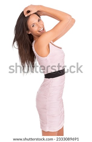Woman, happy and portrait with body or dress with confidence in png with isolated in transparent background. Happiness, beauty and fashion with stylish female with freedom and trendy clothes.