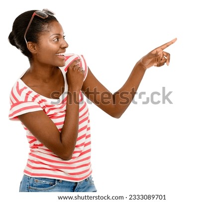 Fashion, pointing and happy black woman for advertising on isolated, PNG and transparent background. Marketing, promotion and excited female person with hand gesture for selection, logo or choice