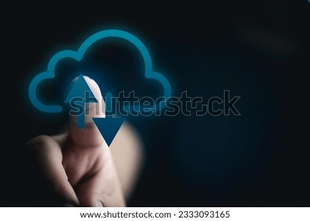 Man hand touching virtual cloud computing with copy space to transfer data information and upload download application. Technology transformation concept.