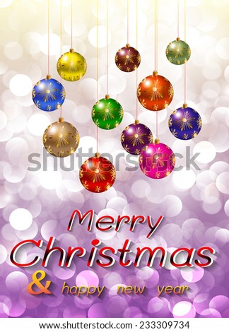 Christmas balls on a winter background with bokeh defocused lights., shiny effect, Happy New Year vector background 