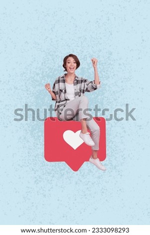 Photo collage successful young blogger girl fists up sitting red heart icon like new video repost isolated on blue color background
