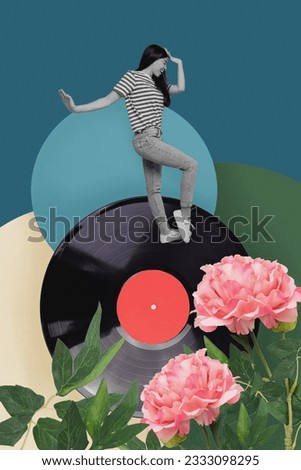 Magazine collage artwork of carefree positive happy girl listen retro music hits90s dance hiphop isolated on blue color background