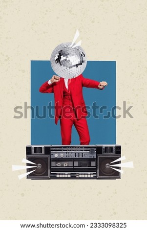 Creative collage of head disco ball music lover dancing boombox cassette recorder nightclub atmosphere isolated on beige background Royalty-Free Stock Photo #2333098325