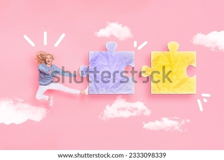 Bright picture 3d miniature photo collage of crazy cheerful girl jump up kick leg solve puzzle isolated on pink sky background
