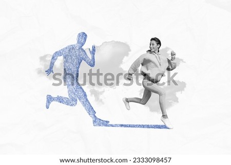 Collage portrait of cheerful black white effect girl running look behind painted shadow isolated on paper creative background