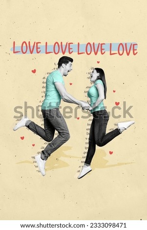 Vertical collage of excited black white effect people hold arms jumping love book text isolated on painted beige background
