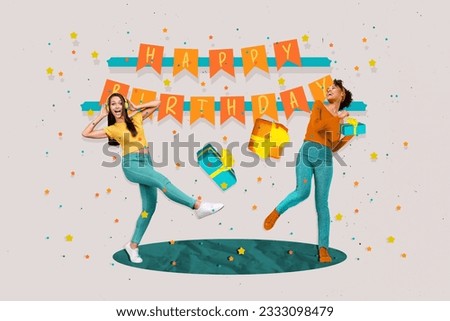 Collage of two young girls dance happy birthday party hang flags hold giftbox celebration listen music near isolated over drawn background