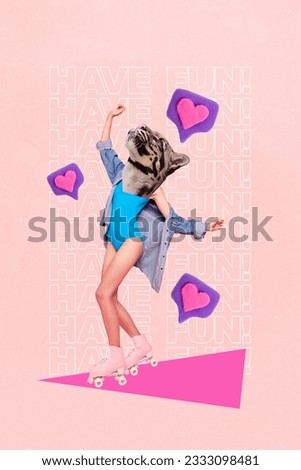 Collage image 3d artwork of funny funky crazy carefree weird unusual personage have fun riding roller skates isolated on painted background