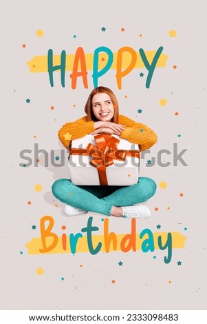 Vertical collage picture of minded cheerful girl hold giftbox think dream happy birthday painted stars isolated on drawing background