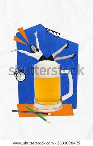 Poster picture collage of funky crazy lady rejoice weekend friday good mood drink tasty beer have fun isolated on painted background